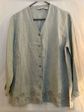 J. Jill Linen Light Sage Green Button-Front Eyelet Hem Top Size MP